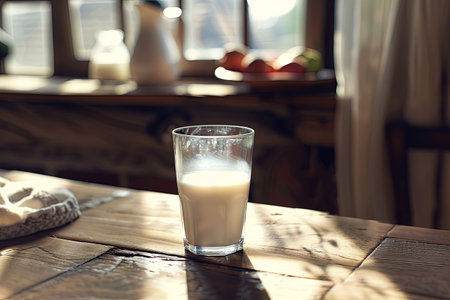 Sunlight beams into a warm kitchen highlighting a glass of milk on a wooden table beside fresh fruits and a bottle of milk.の素材