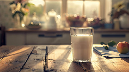 A glass filled with fresh milk is placed on a wooden table in a sunlit kitchen, evoking a warm and inviting atmosphere.の素材