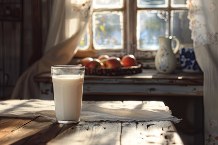 A glass filled with milk rests on a wooden table, next to a basket of fresh apples in a warmly lit kitchen setting.の素材