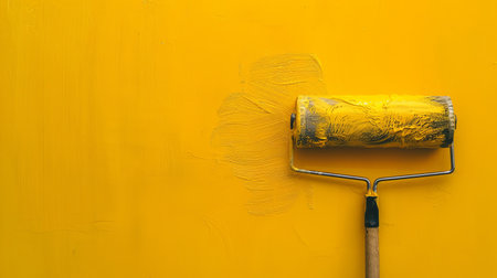 A paint roller is covered in yellow paint, adding a vibrant touch to a wall during a home renovation task.の素材