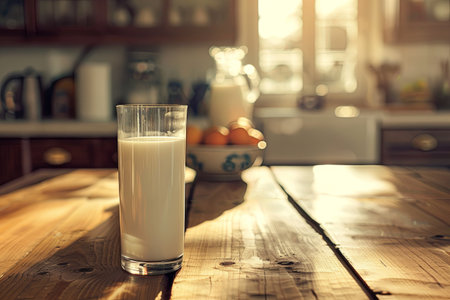 A tall glass of milk stands on a rustic wooden table, illuminated by soft sunlight streaming through the window in a kitchen.の素材