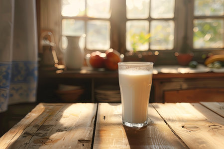 A glass filled with fresh milk sits on a rustic wooden table, illuminated by warm sunlight filtering through the kitchen windows.の素材