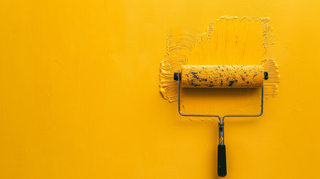 A paint roller, coated in bold yellow paint, rolls over a fresh, smooth wall, showcasing a renovation in progress.の素材