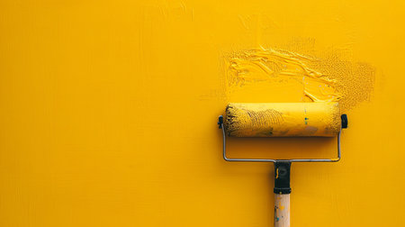 A yellow paint roller rests against a freshly painted vibrant wall, indicating home improvement or interior decoration underway.の素材