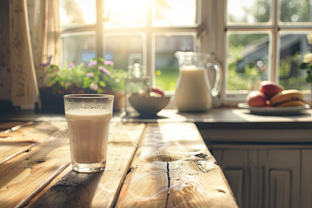 Fresh milk in a glass on a wooden table, sunlight streaming through the window, with fruit and a pitcher nearby, creating a cozy atmosphere.の素材