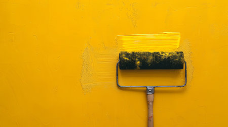 A roller brush applies bright yellow paint to a wall, creating a cheerful and vibrant home atmosphere during renovations.の素材