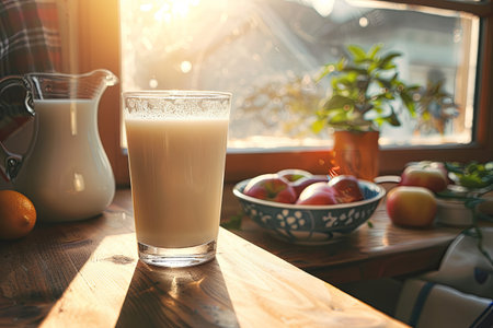 Sunlight streams through a window, highlighting a glass of milk on a wooden table next to a bowl of apples and a vibrant green plant.の素材
