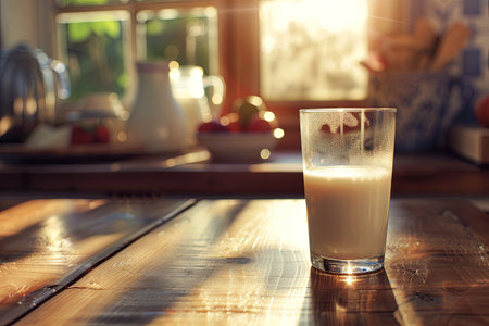 Sunlight filters through a kitchen window, casting a warm glow on a glass of milk resting on a rustic wooden table.の素材