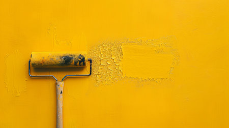 A roller brush sits next to a freshly painted yellow wall, capturing the essence of a home renovation project in progress.の素材