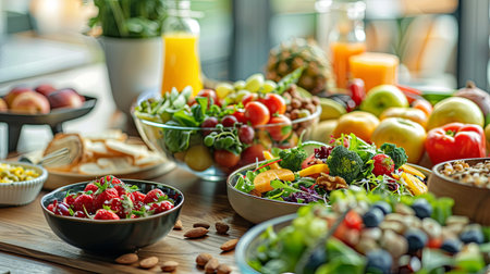 A rustic wooden table is beautifully arranged with an assortment of healthy foods including fruits, vegetables, and nuts for a vibrant meal.の素材
