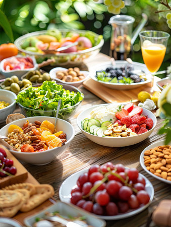 Fresh fruits, colorful vegetables, nuts, and balanced meals decorate a wooden table, inviting everyone to enjoy healthy eating together.の素材