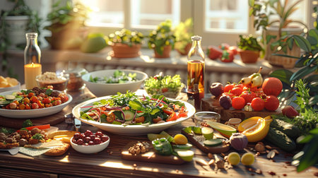 A wooden table showcases an abundance of fresh fruits, vegetables, nuts, and beautifully arranged healthy meals ready for consumption.の素材