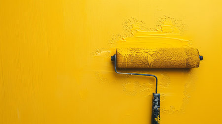A person uses a paint roller to apply a fresh coat of vibrant yellow paint on a wall in their home.の素材
