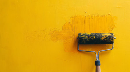 A person applies bright yellow paint to a textured wall with a roller, creating a bold accent during a home renovation.の素材
