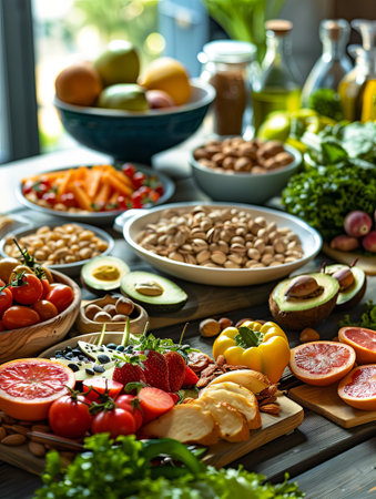 A variety of healthy foods including fruits, vegetables, and nuts create a vibrant display on a wooden table for a communal feast.の素材