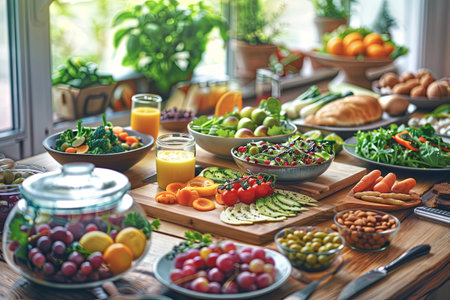 A wooden table showcases a vibrant selection of healthy foods, including fruits, vegetables, nuts, and prepared meals, in a bright kitchen.の素材