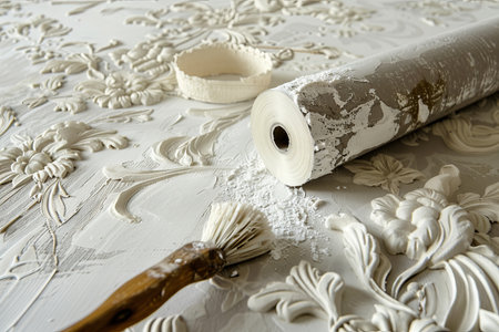 A textured wall is being decorated using a roller and brush, showcasing an intricate design and fresh finishes in a stylish setting.の素材