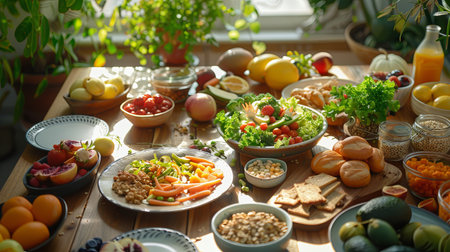 A wooden table is filled with an array of colorful, healthy foods showing fresh fruits, vegetables, nuts, and nutritious meals.の素材