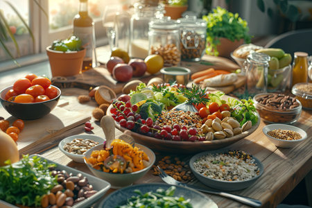 Colorful healthy foods are artfully arranged on a wooden table, showcasing fresh fruits, vegetables, nuts, and nutritious meals ready to enjoy.の素材