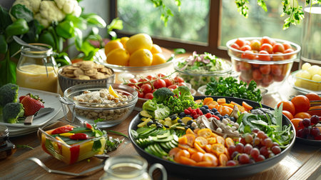 The table displays an assortment of vibrant fruits, fresh vegetables, nuts, and nutritious meals in a well-lit kitchen, promoting healthy eating.の素材