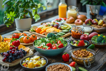 The table showcases an array of colorful fruits, vegetables, wholesome meals, and nutritious snacks, healthy healthy dietary choices.の素材