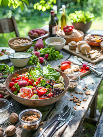 A vibrant mix of healthy fruits, veggies, nuts, and meals is beautifully arranged for a nutritious feast.の素材