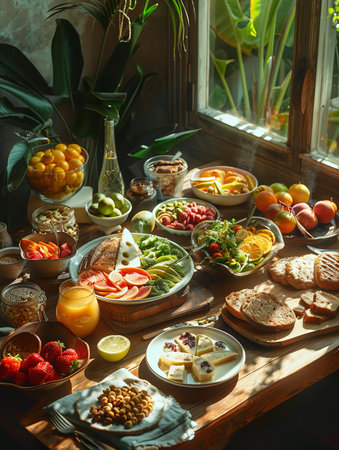 Healthy foods including fruits, vegetables, and balanced meals are artistically arranged on a wooden table in a bright kitchen.の素材