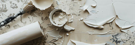 Crafting materials are spread across the table, showcasing textures and tools, reflecting a busy and artistic environment.の素材