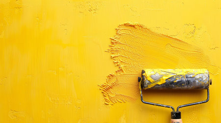 A painter uses a roller to apply smooth, bright yellow paint on the wall, enhancing the room's cheerful atmosphere.の素材