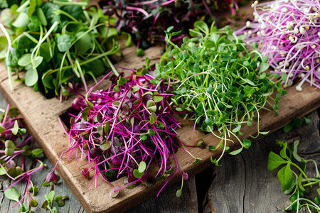 A colorful variety of microgreens is beautifully displayed on a wooden board, showing their textures in soft natural light.の素材