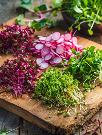 A colorful assortment of microgreens and sliced radishes is beautifully presented on a rustic wooden cutting board, ready for use.の素材
