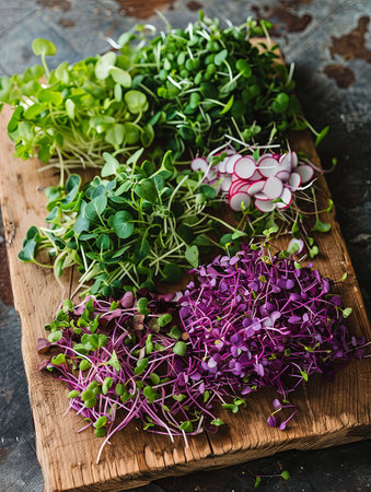 A vibrant display of various microgreens, including radish and purple varieties, neatly arranged on a wooden board in a well-lit kitchen.の素材