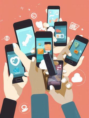 Multiple hands hold smartphones showcasing popular social media applications in an engaging digital environment.の素材