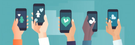 Multiple hands are holding smartphones that display different social media applications with interactive icons and notifications.の素材