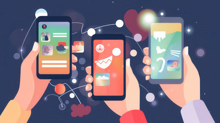 Three hands hold smartphones displaying colorful social media applications, reflecting the connectivity of today's digital culture.の素材