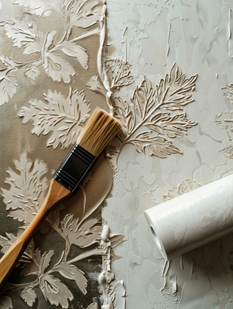 A wooden brush and a wallpaper roller are used to apply a textured design on a wall, showcasing home renovation efforts.の素材