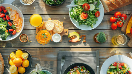 A colorful assortment of fresh fruits, vegetables, and balanced meals invites everyone to enjoy a health-focused dining experience together.の素材