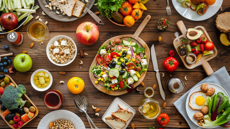Fresh fruits, vibrant vegetables, and nutritious meals fill a wooden table, creating a colorful spread prepared for a healthy lunch gathering.の素材