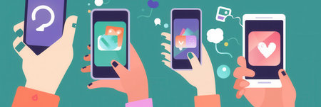 Multiple hands are holding smartphones that display various open social media applications, illustrating digital interaction and connection.の素材