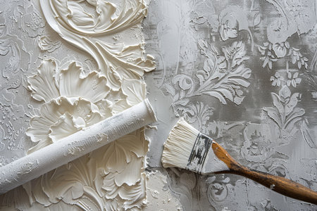 A detailed wall is being carefully decorated with textured elements and a brush, showing the artistry of home improvement.の素材