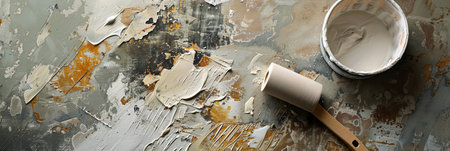 A roller and empty container sit on a textured surface covered in various layers of paint, indicating an artistic project in progress.の素材