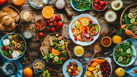 A vibrant display of nutritious foods is arranged on a wooden table, featuring fruits, vegetables, and balanced meals perfect for sharing.の素材