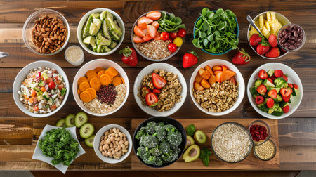 The rustic wooden table is filled with vibrant bowls of fruits, vegetables, nuts, and nutritious meals promoting a healthy lifestyle.の素材