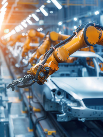 Robotic arms are precisely assembling various components of vehicles on a state-of-the-art assembly line.の素材
