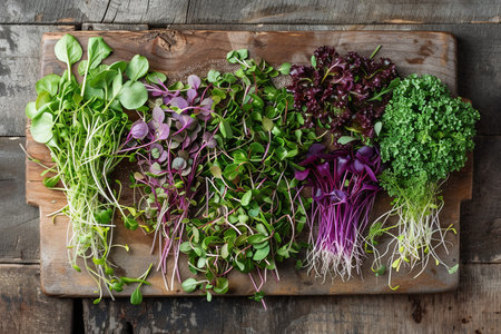 A variety of microgreens are carefully displayed on a wooden cutting board, highlighting their vibrant colors and delicate textures.の素材
