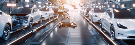 Robotic arms are efficiently performing assembly tasks on vehicles in a cutting-edge car manufacturing plant.の素材