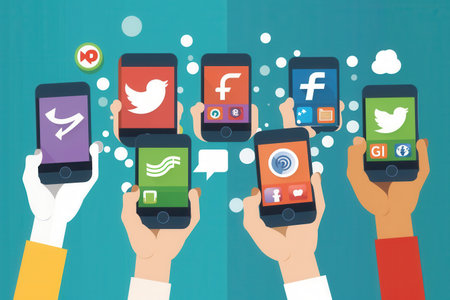 People are engaging with smartphones displaying various social media apps, showcasing modern communication in an energetic environment.の素材