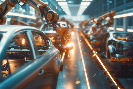 Robotic systems expertly perform precise tasks on vehicles in a fast-paced automotive assembly environment.の素材