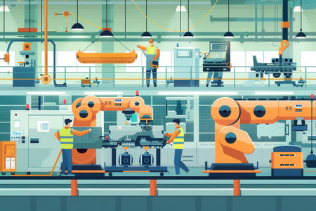In a busy manufacturing facility, workers and robots collaborate to assemble car parts efficiently throughout the day.の素材