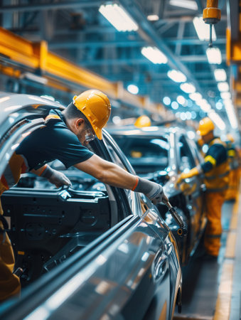 Skilled workers are actively installing and examining car interiors, ensuring quality control in a manufacturing environment.の素材